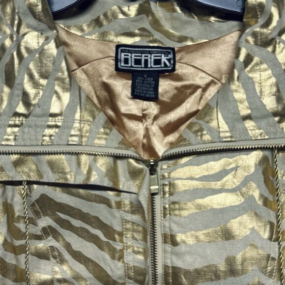 Berek Women's Jacket Gold Metallic Accent Zebra Print 1/2 Sleeve Linen Blend S - Picture 2 of 6